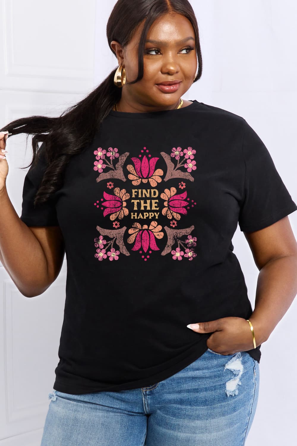 Simply Love Full Size FIND THE HAPPY Graphic Cotton Tee