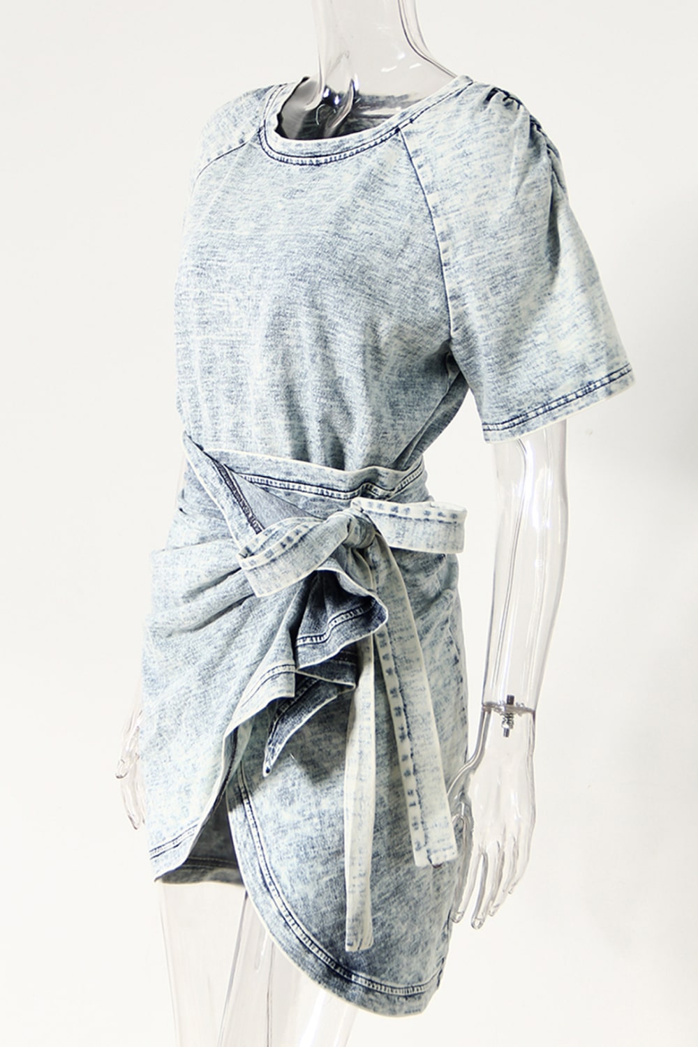 Acid Wash Denim T-Shirt and Side Tie Skirt Set