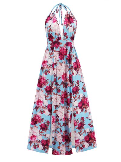 Slit Backless Printed Halter Neck Dress (2 Variants)