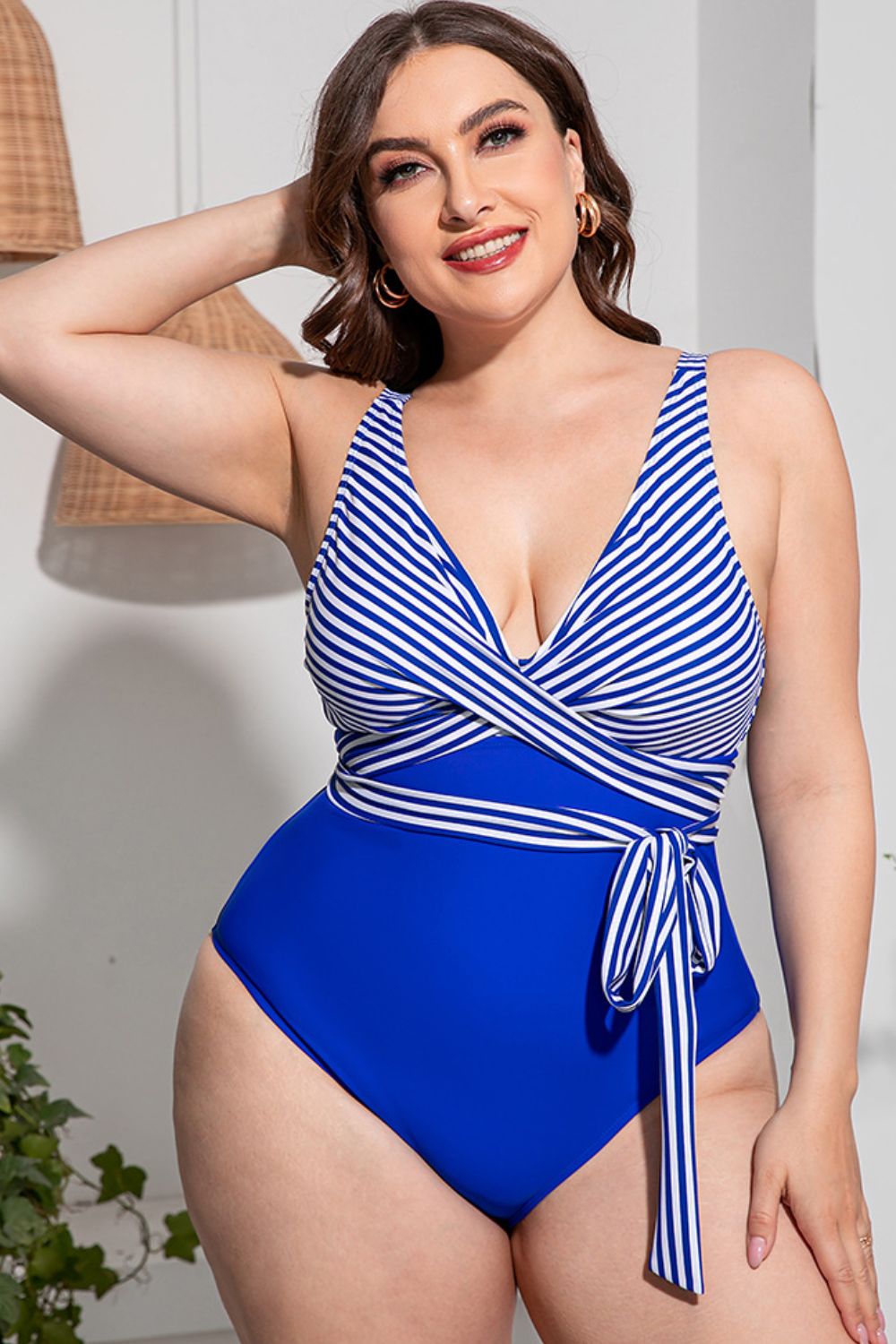 Plus Size Striped Tie-Waist One-Piece Swimsuit (4 Variants)