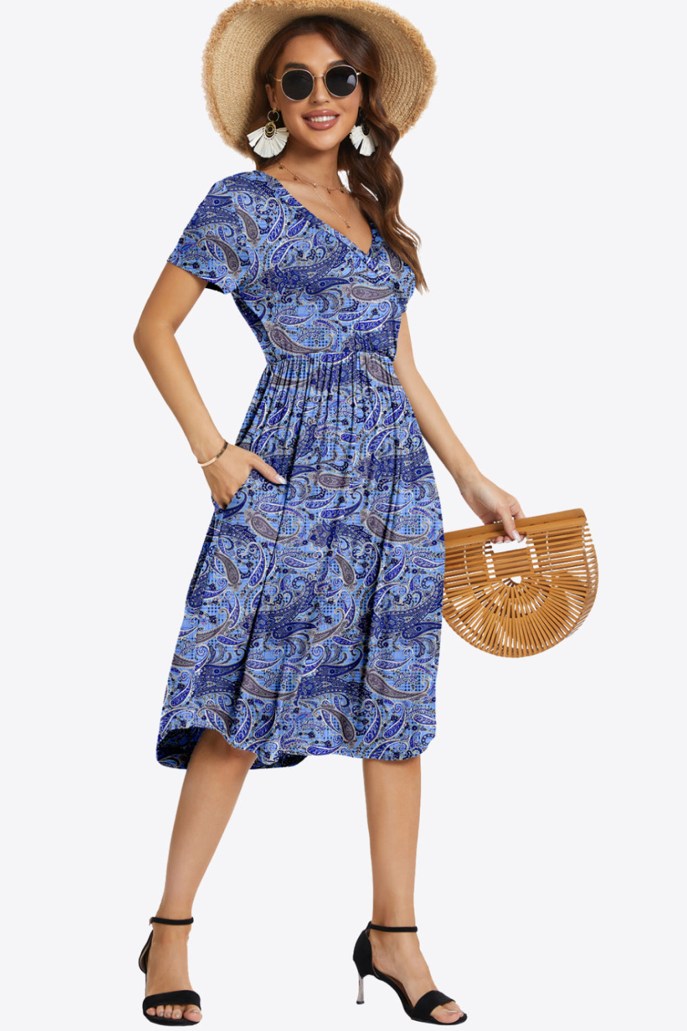 Printed Surplice Neck Short Sleeve Dress with Pockets