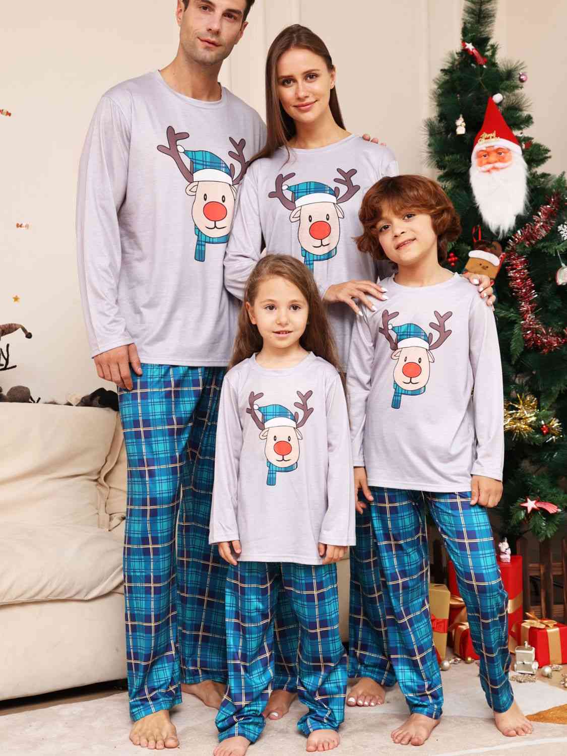 Matching Kids 2T-14 Gray/Blue Rudolph Pajamas Set