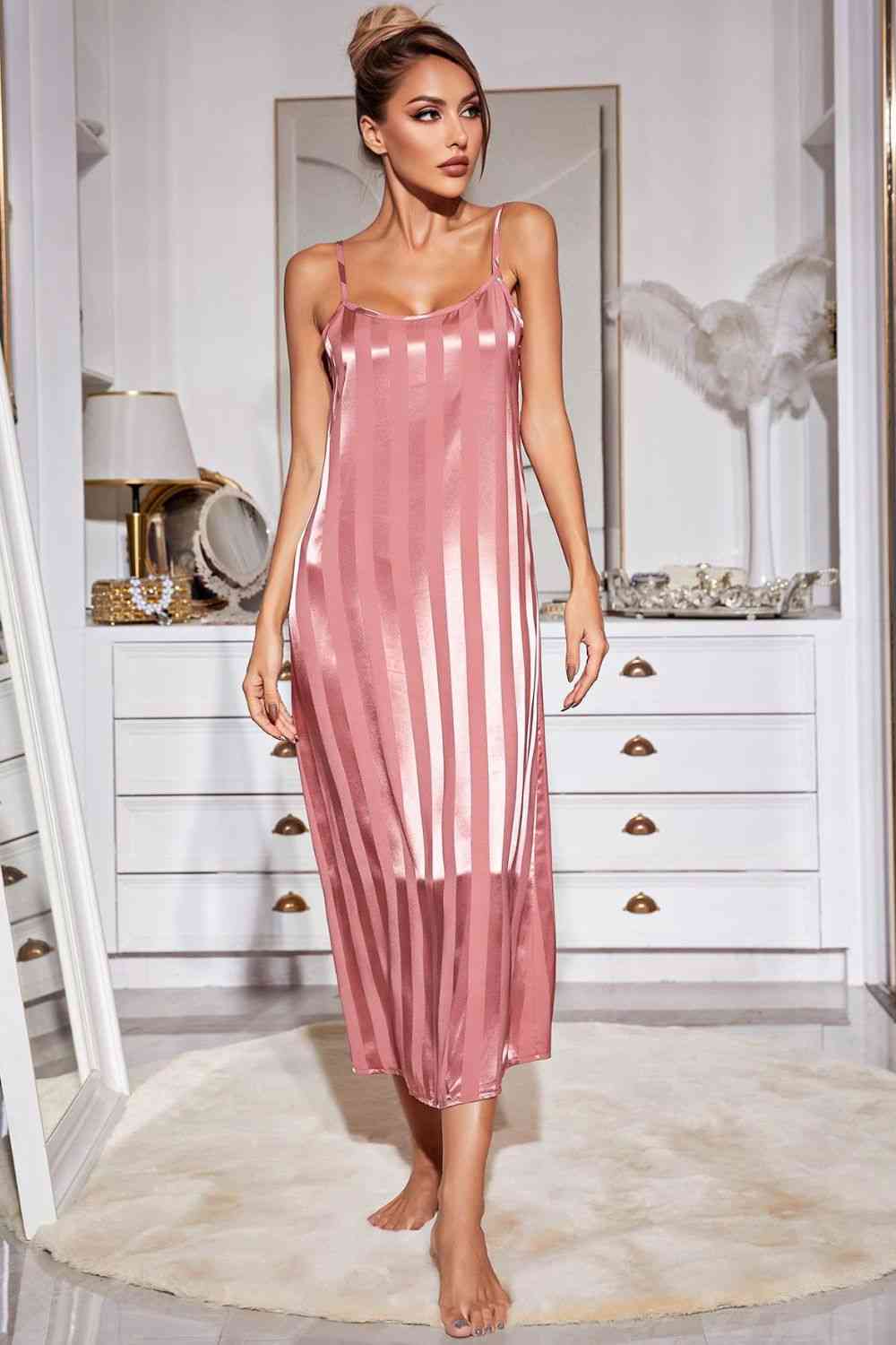 Striped Open Front Robe and Cami Night Gown Set