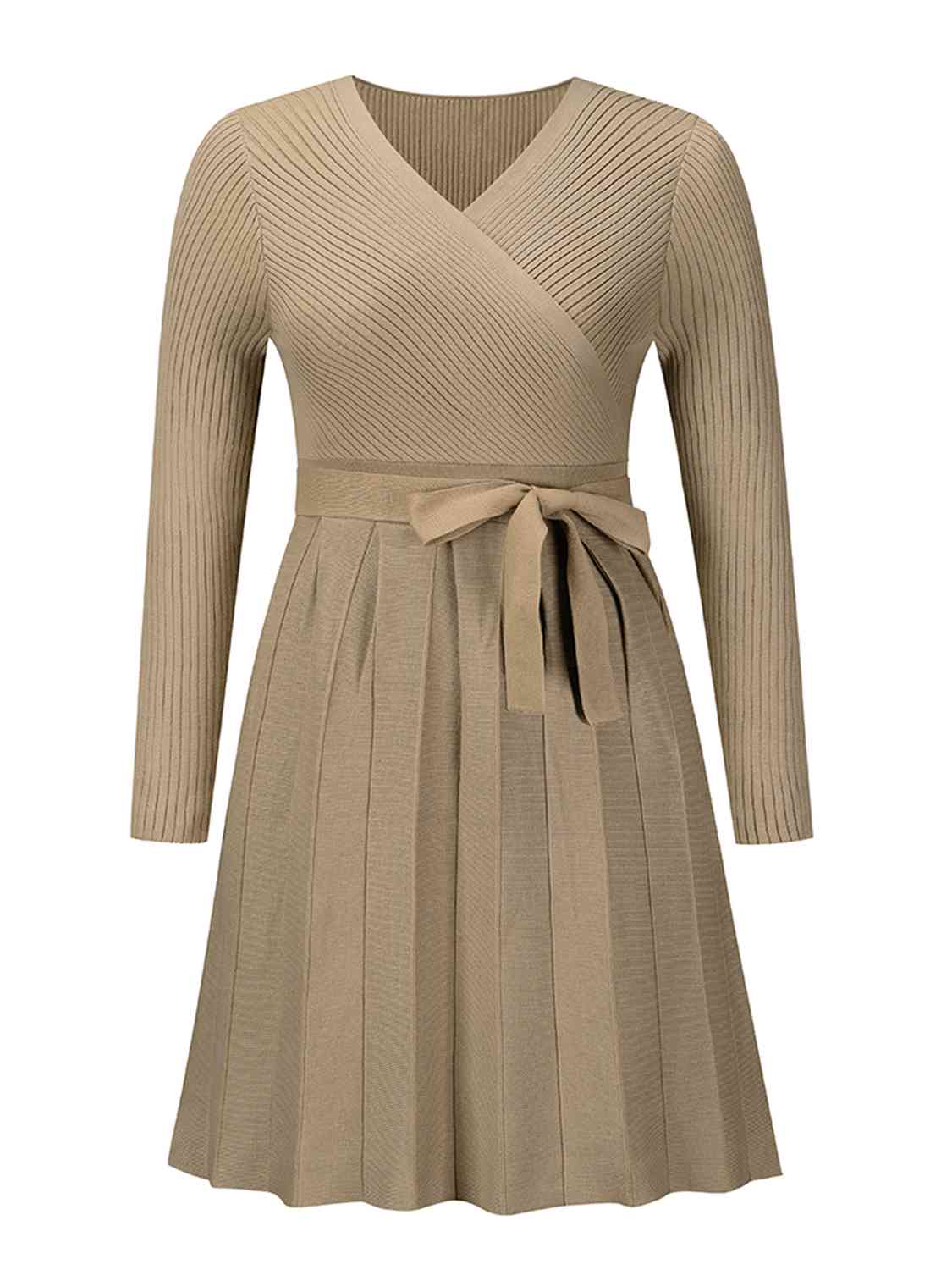 Surplice Neck Tie Front Pleated Sweater Dress (4 Variants)