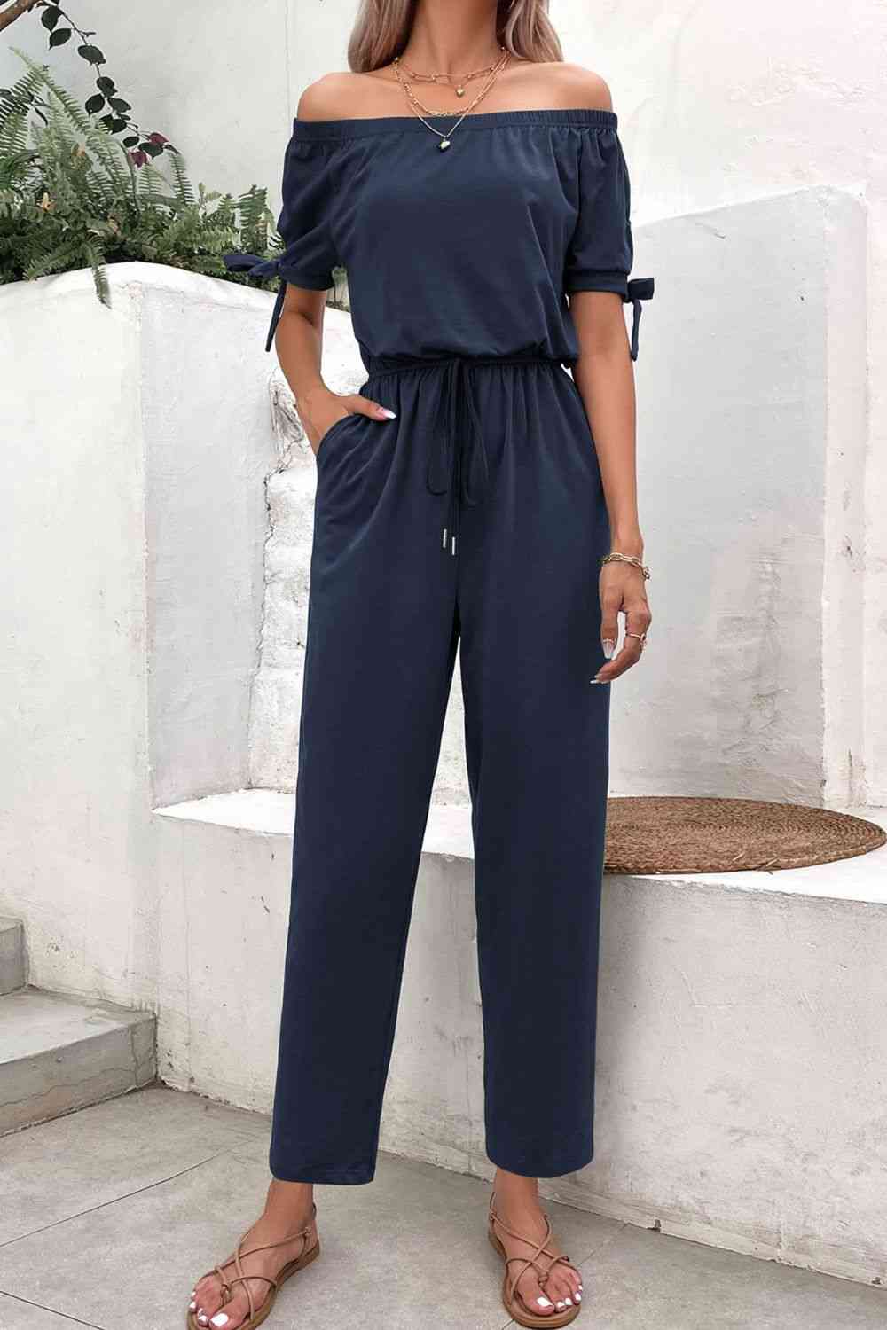 Off-Shoulder Tie Cuff Jumpsuit with Pockets (3 Variants)