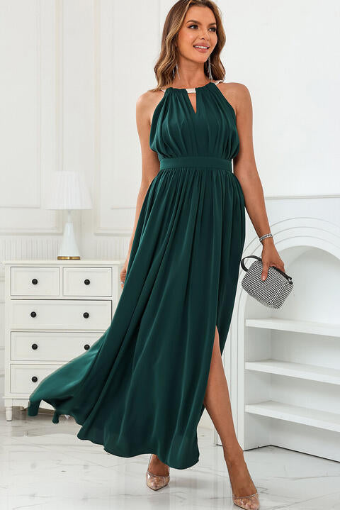 Cutout Ruched Slit Sleeveless Dress