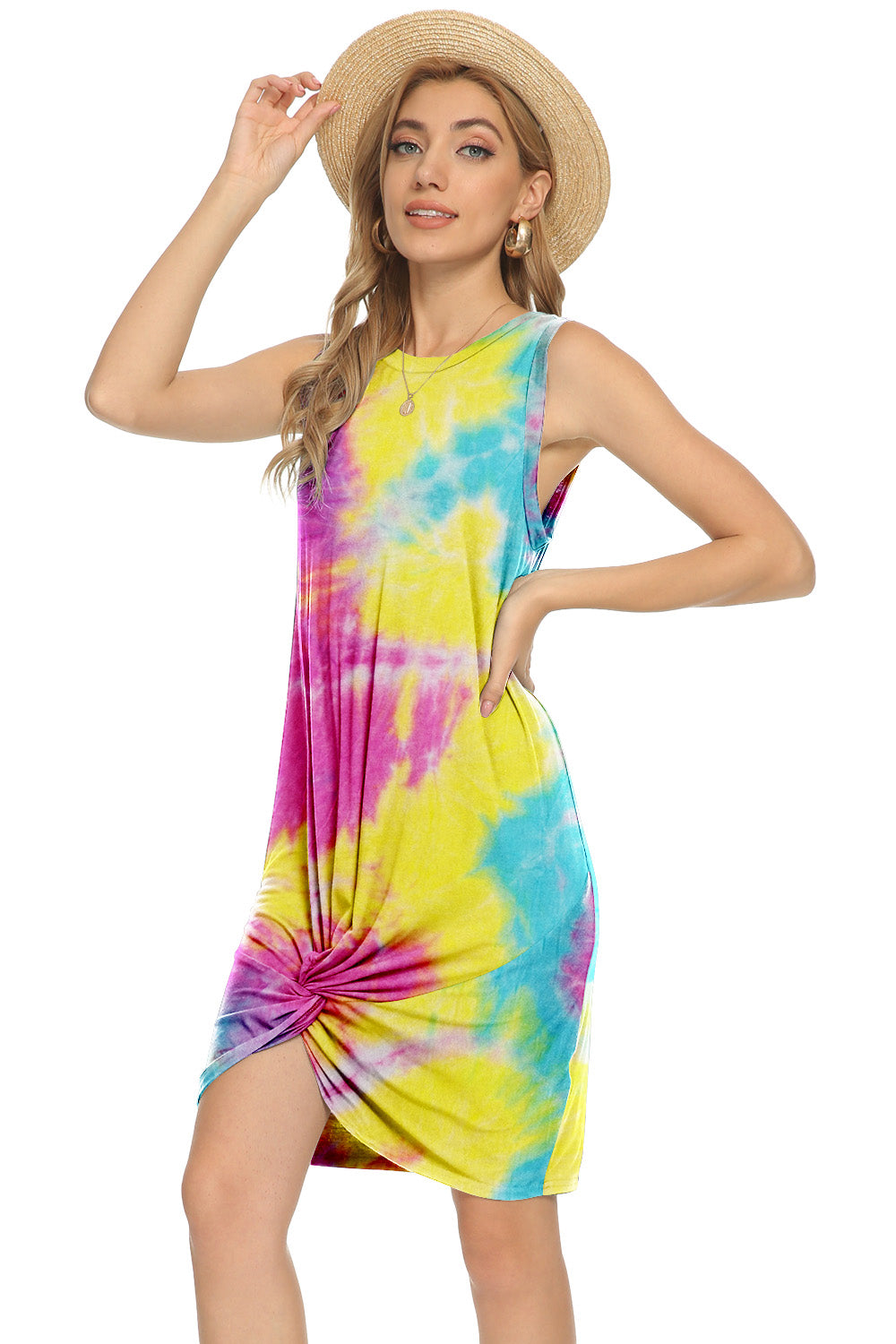 Tie-Dye Twisted Round Neck Sleeveless Dress (6 Variants)