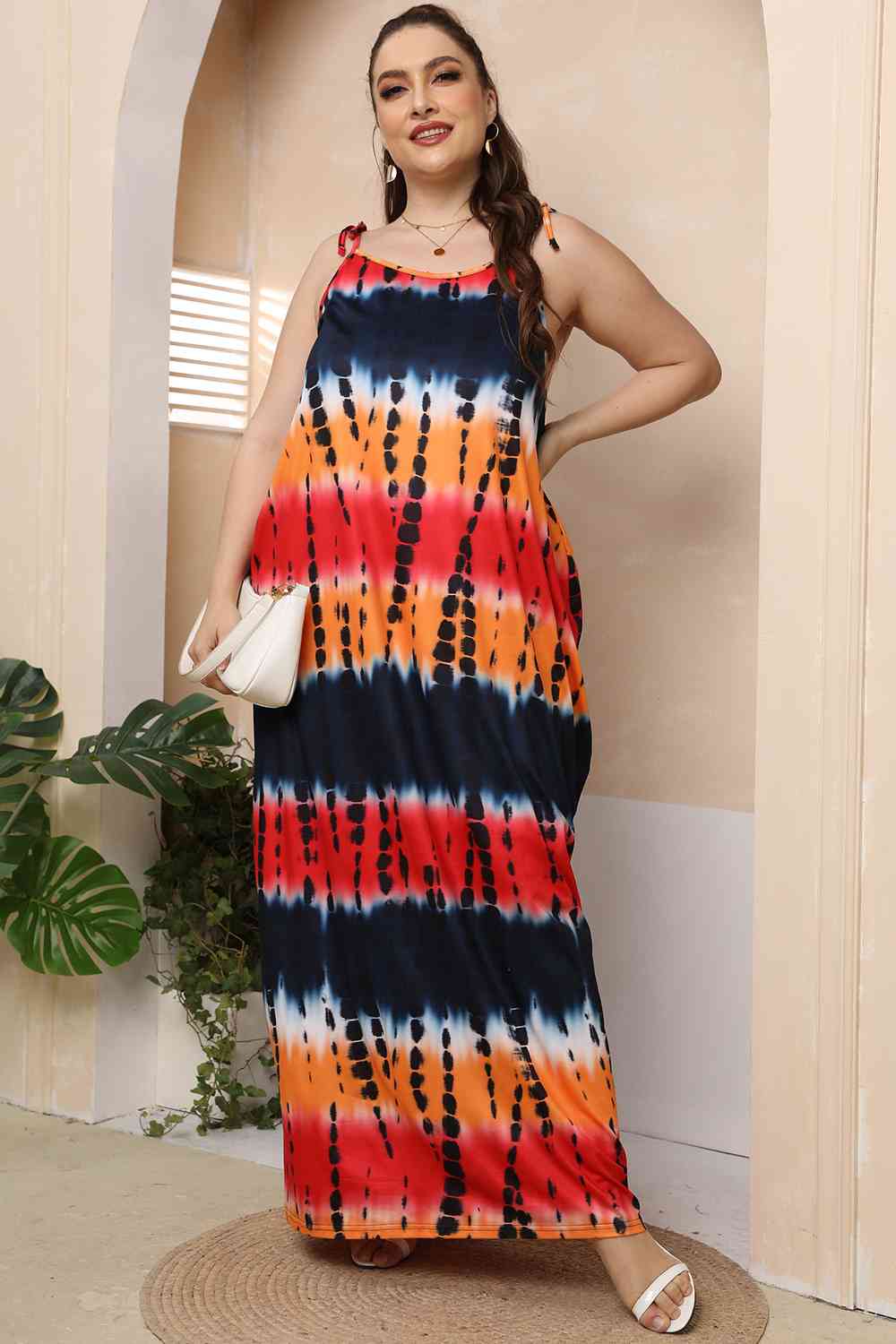 Plus Size Tie-Shoulder Tie-Dye Maxi Dress