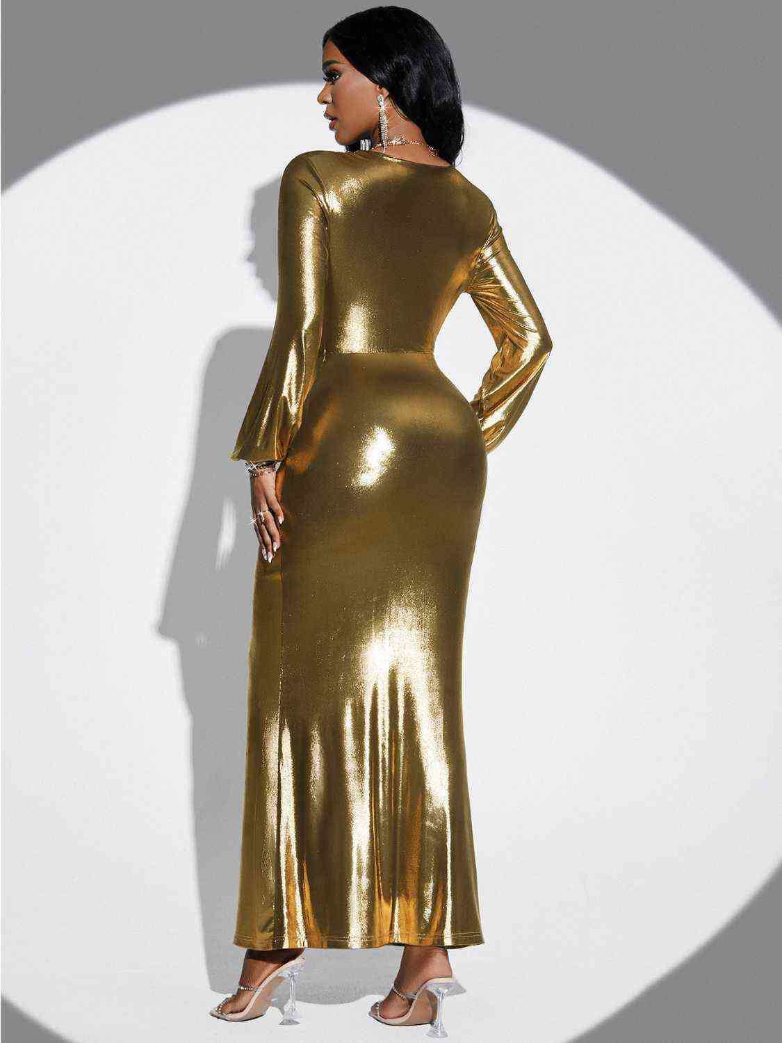 Golden Goddess Plunge Twisted Front Slit Midi Dress