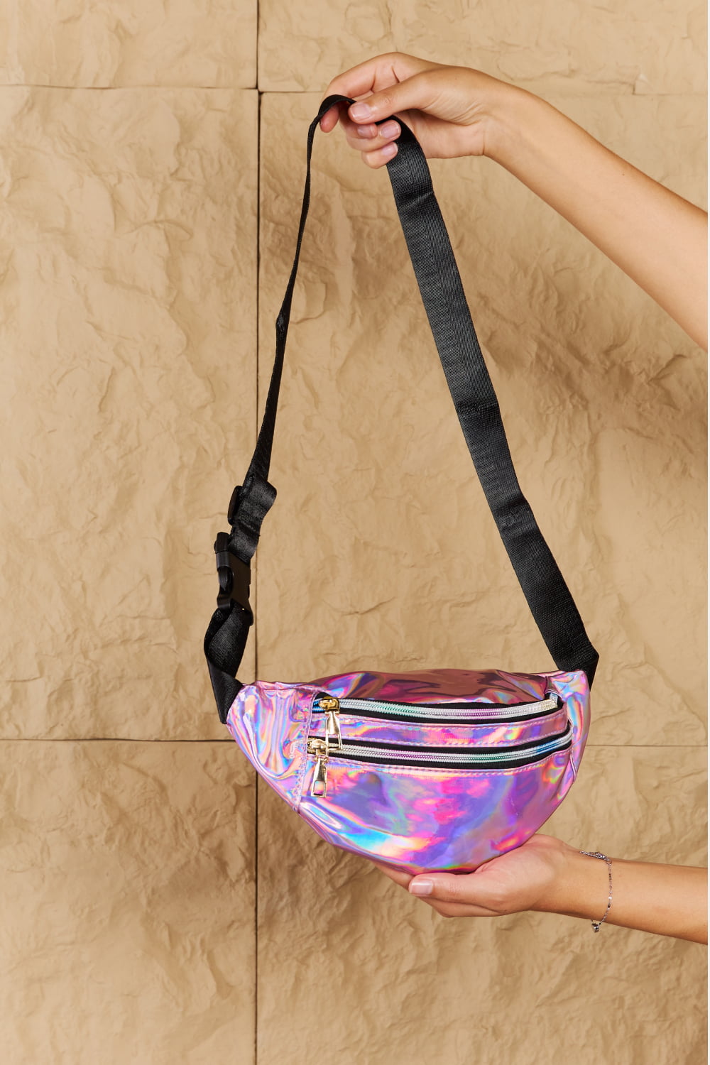 Iridescent Double Zipper Fanny Pack in Hot Pink