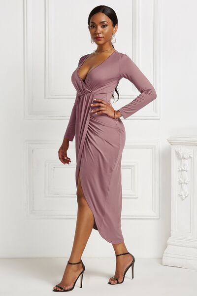 High-low Ruched Surplice Long Sleeve Dress (7 Variants)