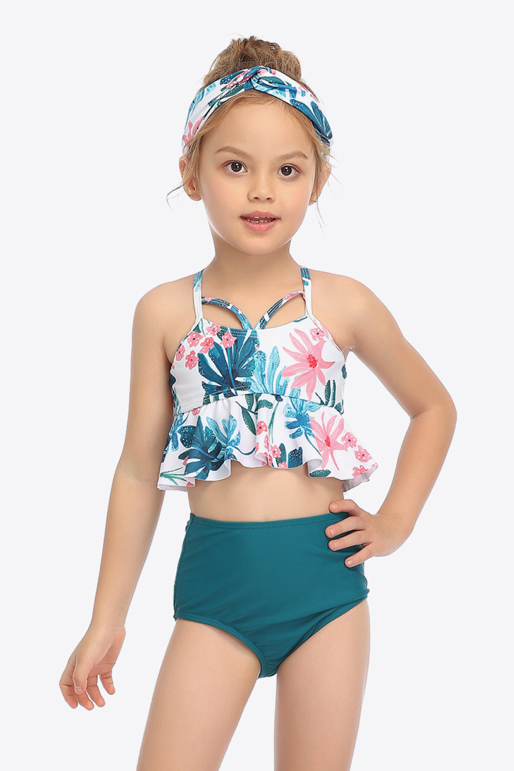 Girls Botanical Print Crisscross Ruffled Two-Piece Swim Set