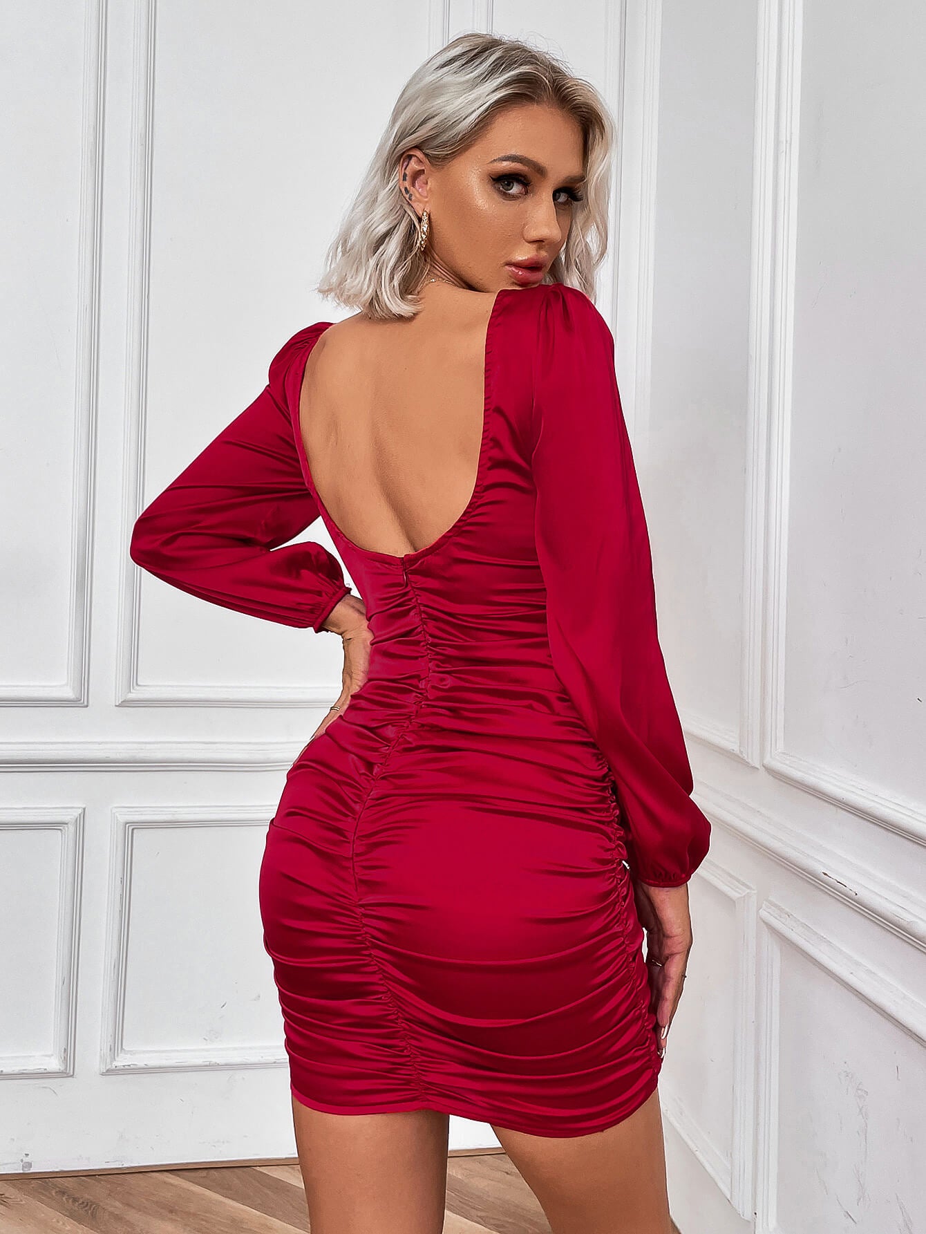 Ruched Square Neck Mini Bodycon Dress