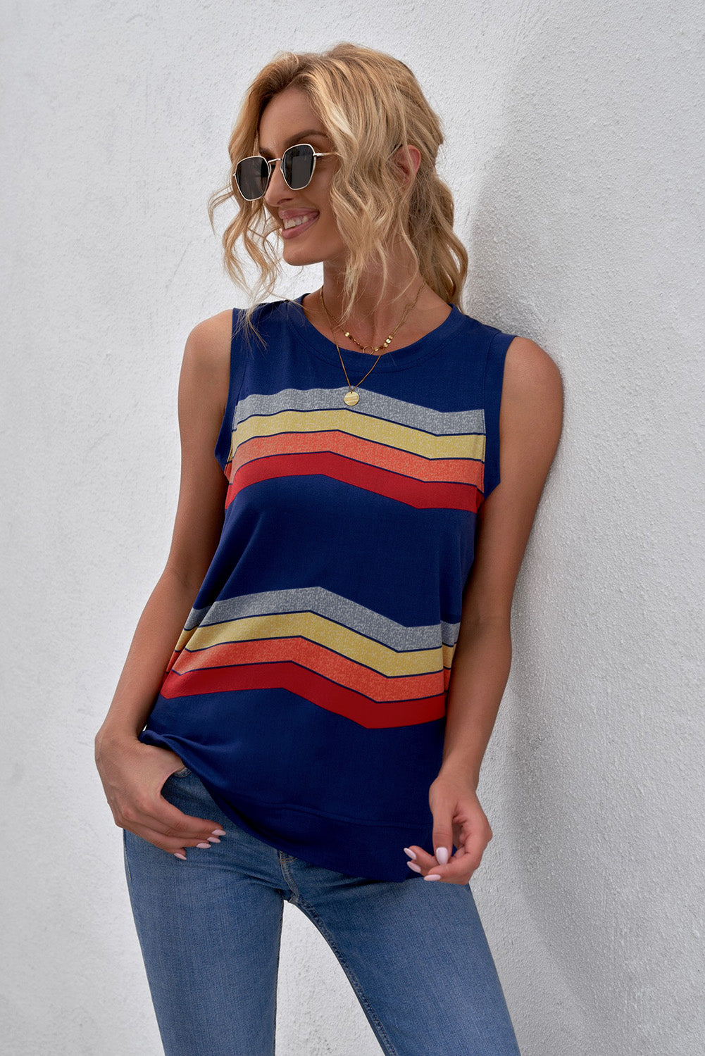 Printed Side Slit Round Neck Tank