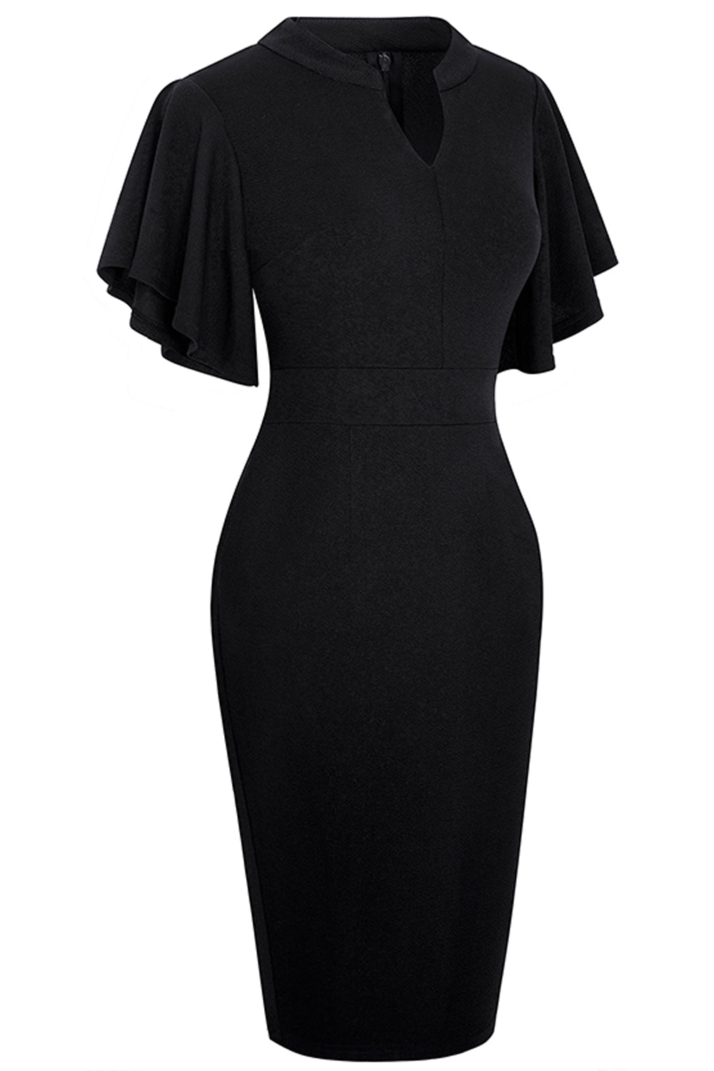 Notched Neck Flutter Sleeve Pencil Dress