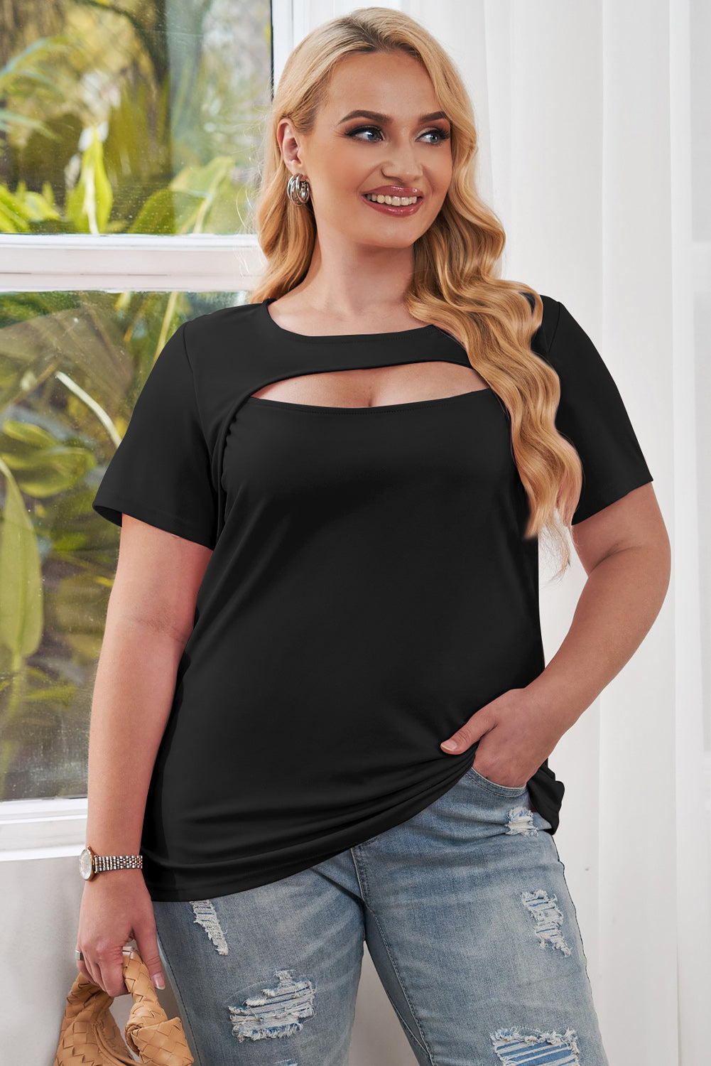 Plus Size Cutout Round Neck Short Sleeve Tee