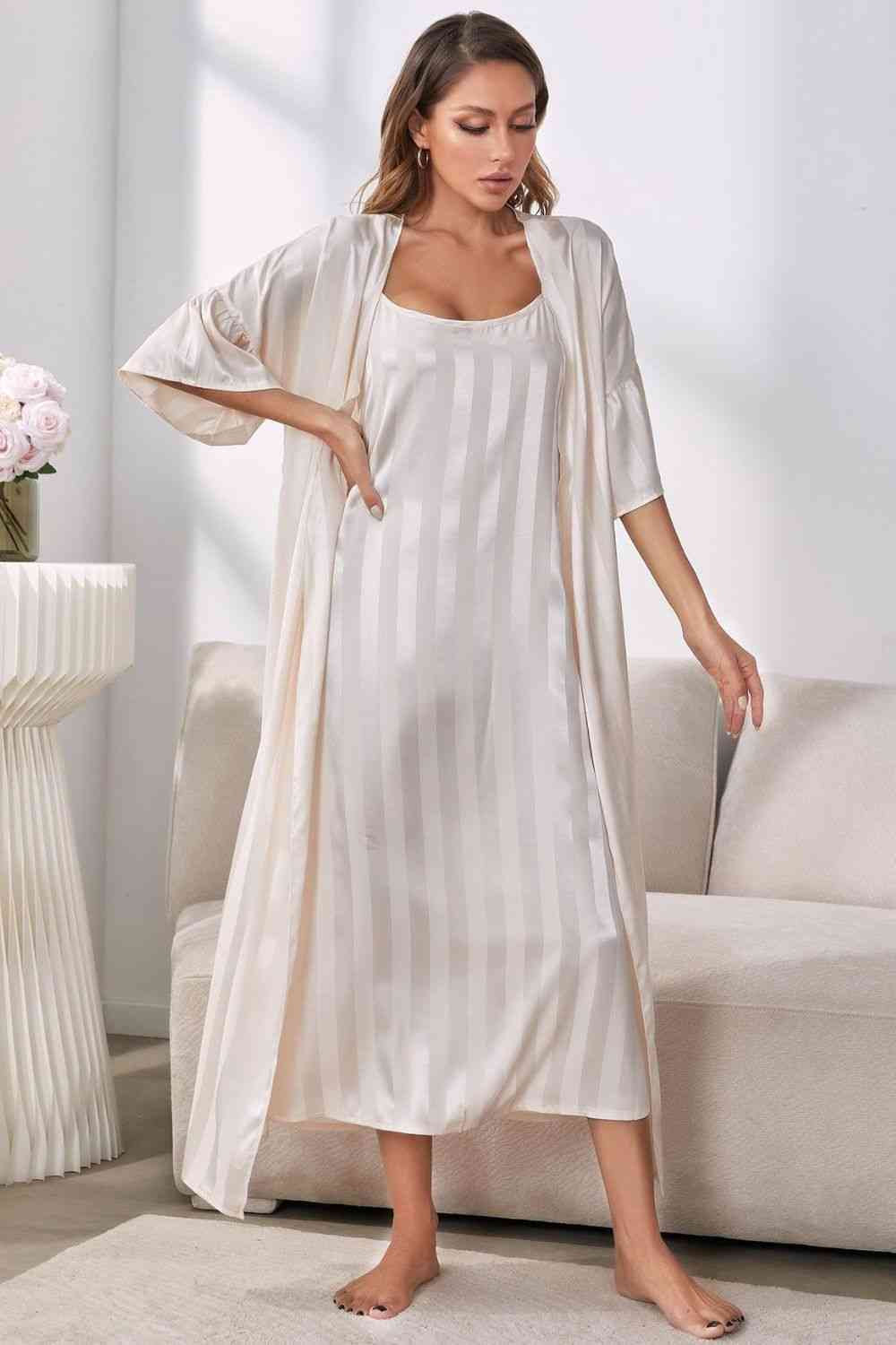 Striped Open Front Robe and Cami Night Gown Set