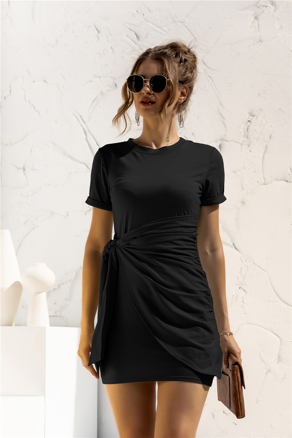 Round Neck Cuffed Sleeve Side Tie Dress (4 Variants)