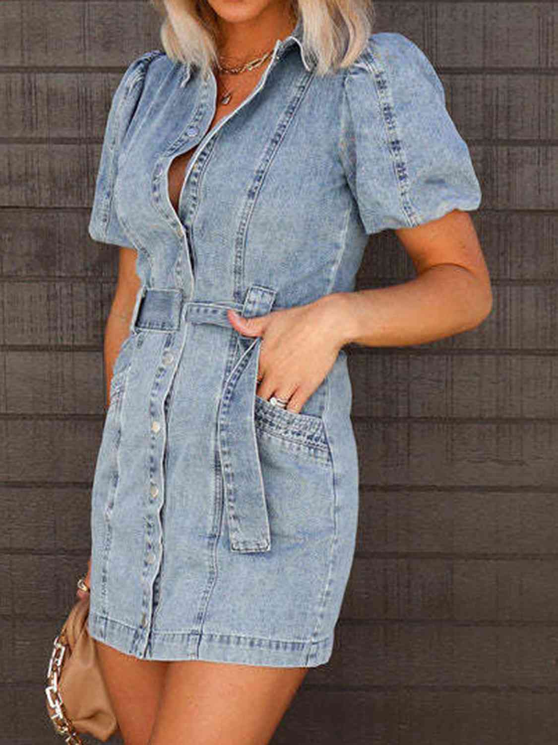 Throw Back Button Up Mini Denim Dress