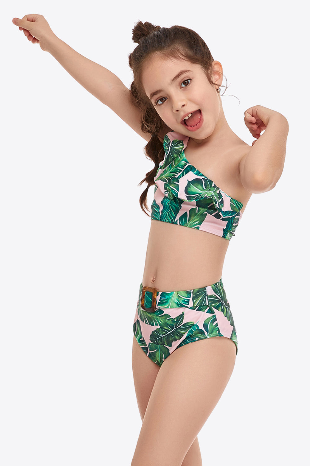 Girls Ruffled One-Shoulder Buckle Detail Two-Piece Swim Set