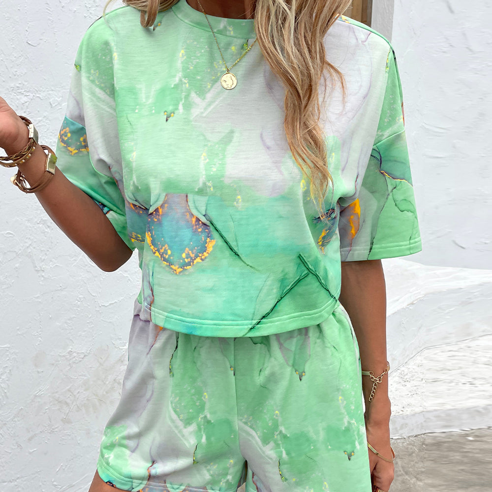 Green Marble Pattern Shirt & Shorts Set