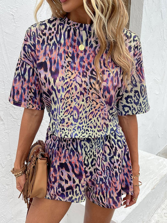 Colorful Leopard Print Drop Shoulder Shirt & Shorts Set