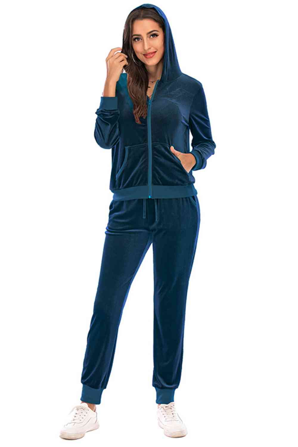 Velour Styled Zip-Up Hoodie and Pants Set