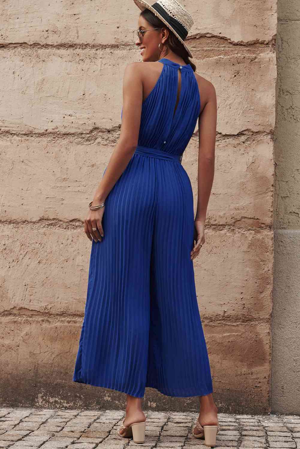 Accordion Pleated Belted Grecian Neck Sleeveless Jumpsuit (3 Variants)