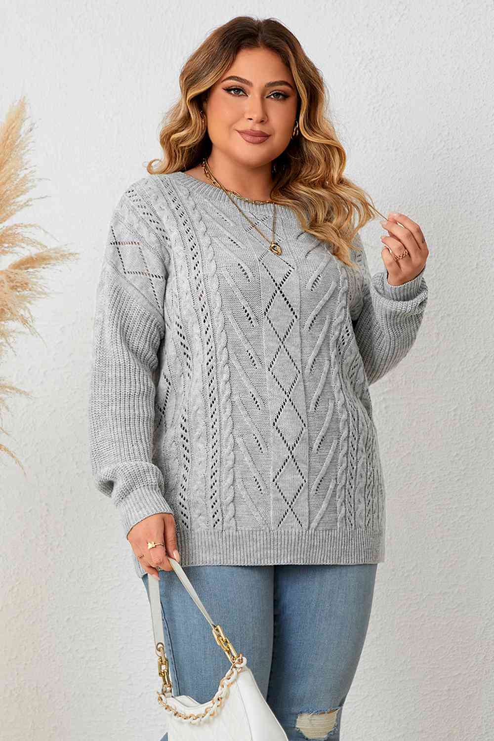 Plus Size Cold Shoulder Asymmetrical Cable-Knit Top