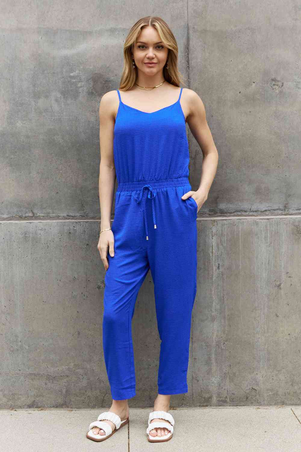 Royal Blue Textured Woven Jumpsuit (Regular/Full Sizes)