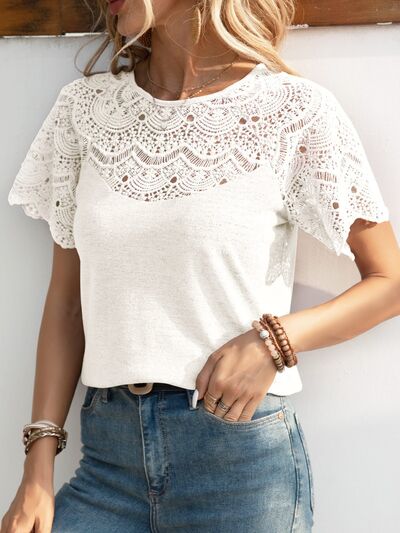 Openwork Round Neck Short Sleeve T-Shirt