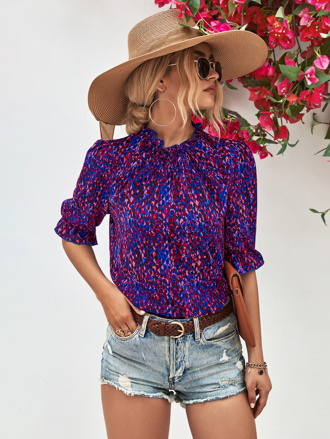 Printed Ruffle Collar Flounce Sleeve Blouse