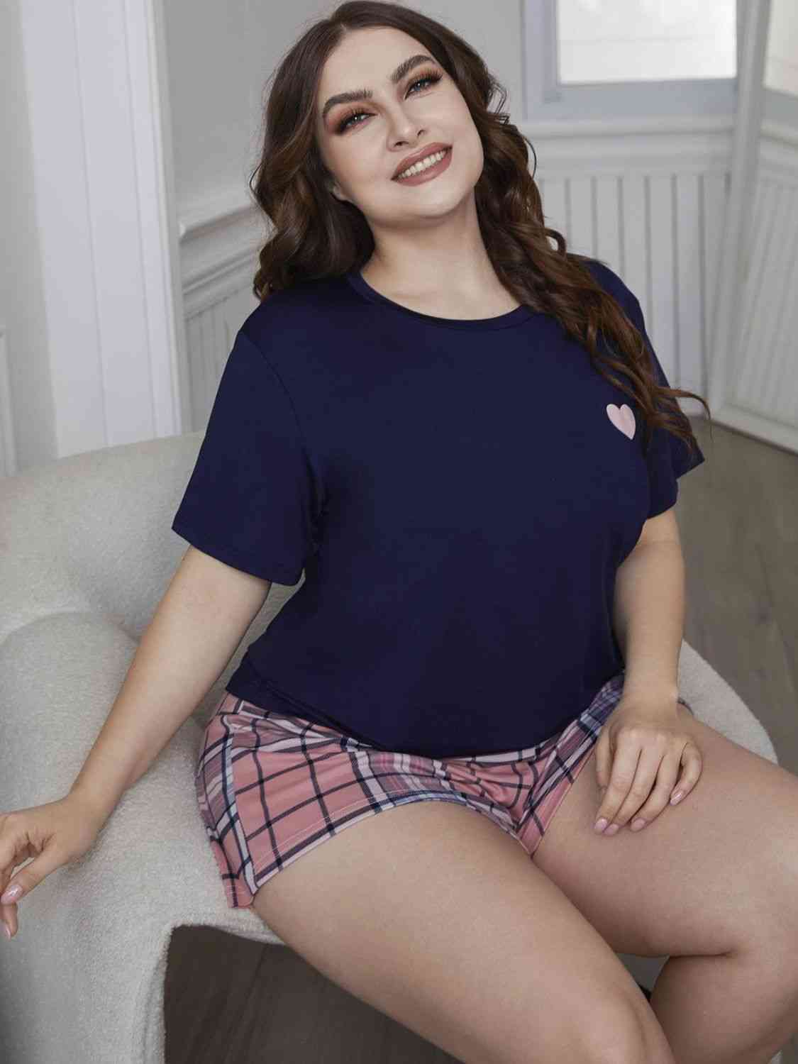 Plus Size Heart Top and Plaid Shorts Loungewear Set