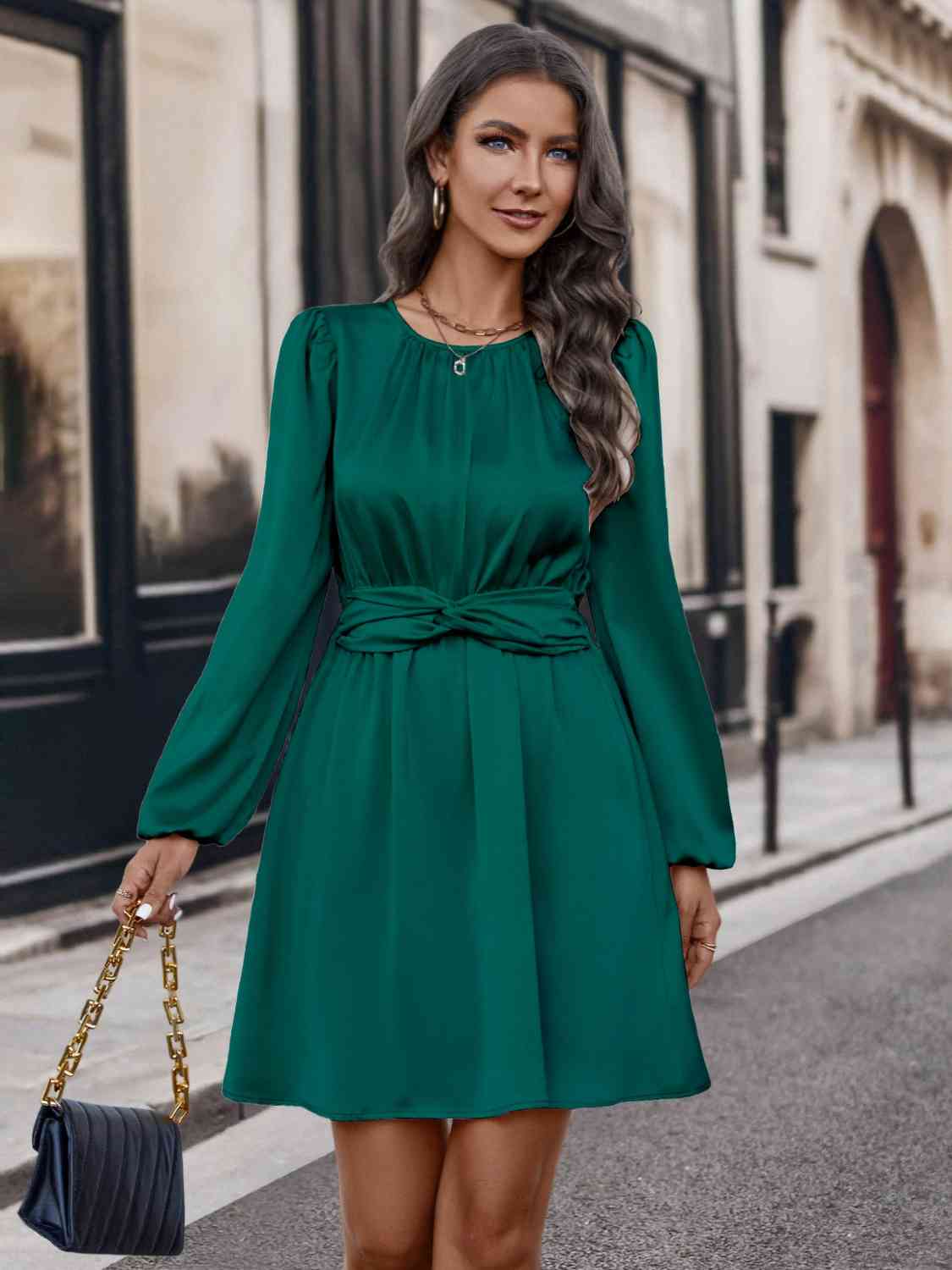 Twisted Round Neck Long Sleeve Dress (2 Variants)