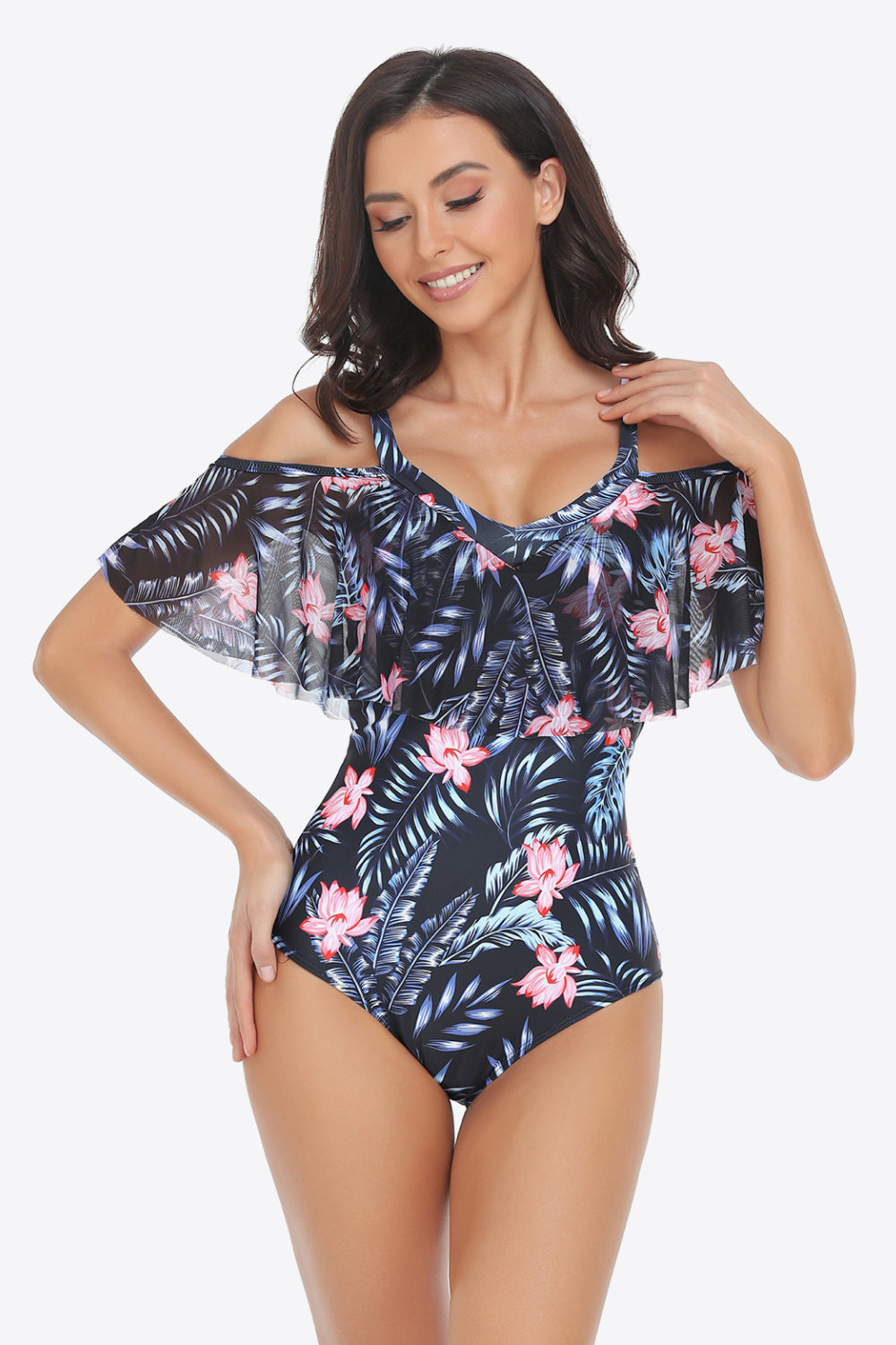 Botanical Print Cold-Shoulder Layered One-Piece Swimsuit (3 Variants)