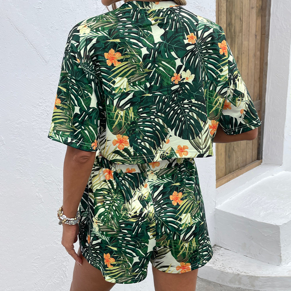 Green Palm Leaves Print Shirt & Shorts Set