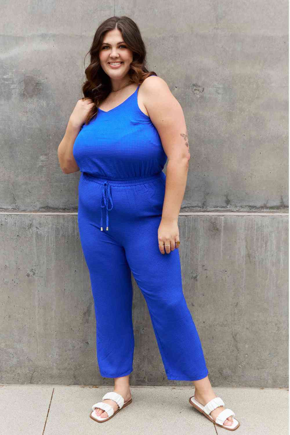 Royal Blue Textured Woven Jumpsuit (Regular/Full Sizes)