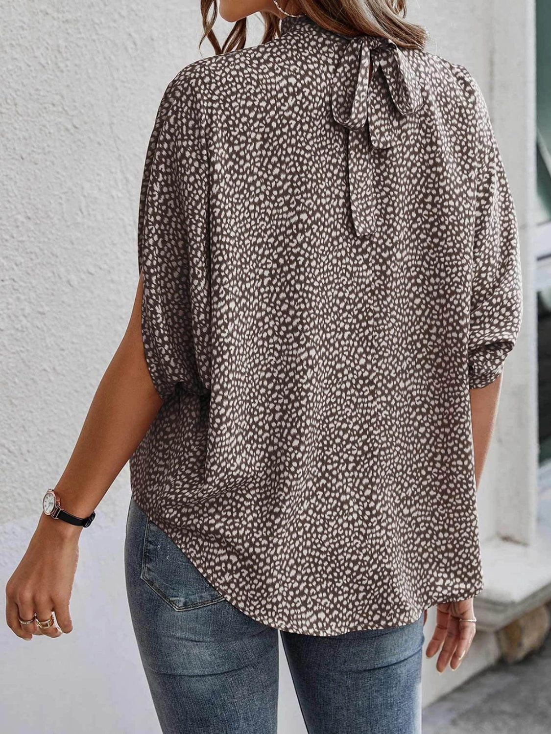 Tied Printed Mock Neck Half Sleeve Blouse