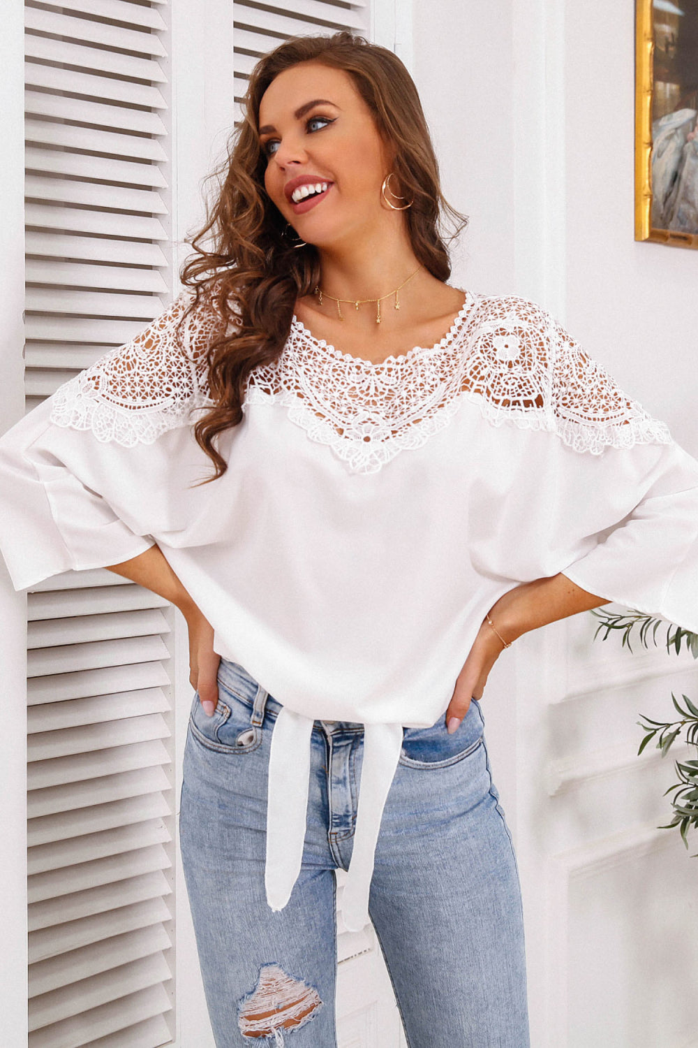 Lace Yoke Three-Quarter Sleeve Tie Front Blouse