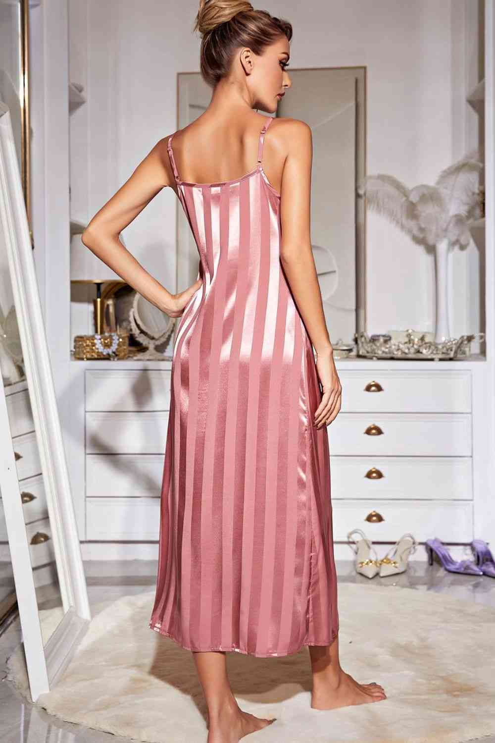 Striped Open Front Robe and Cami Night Gown Set