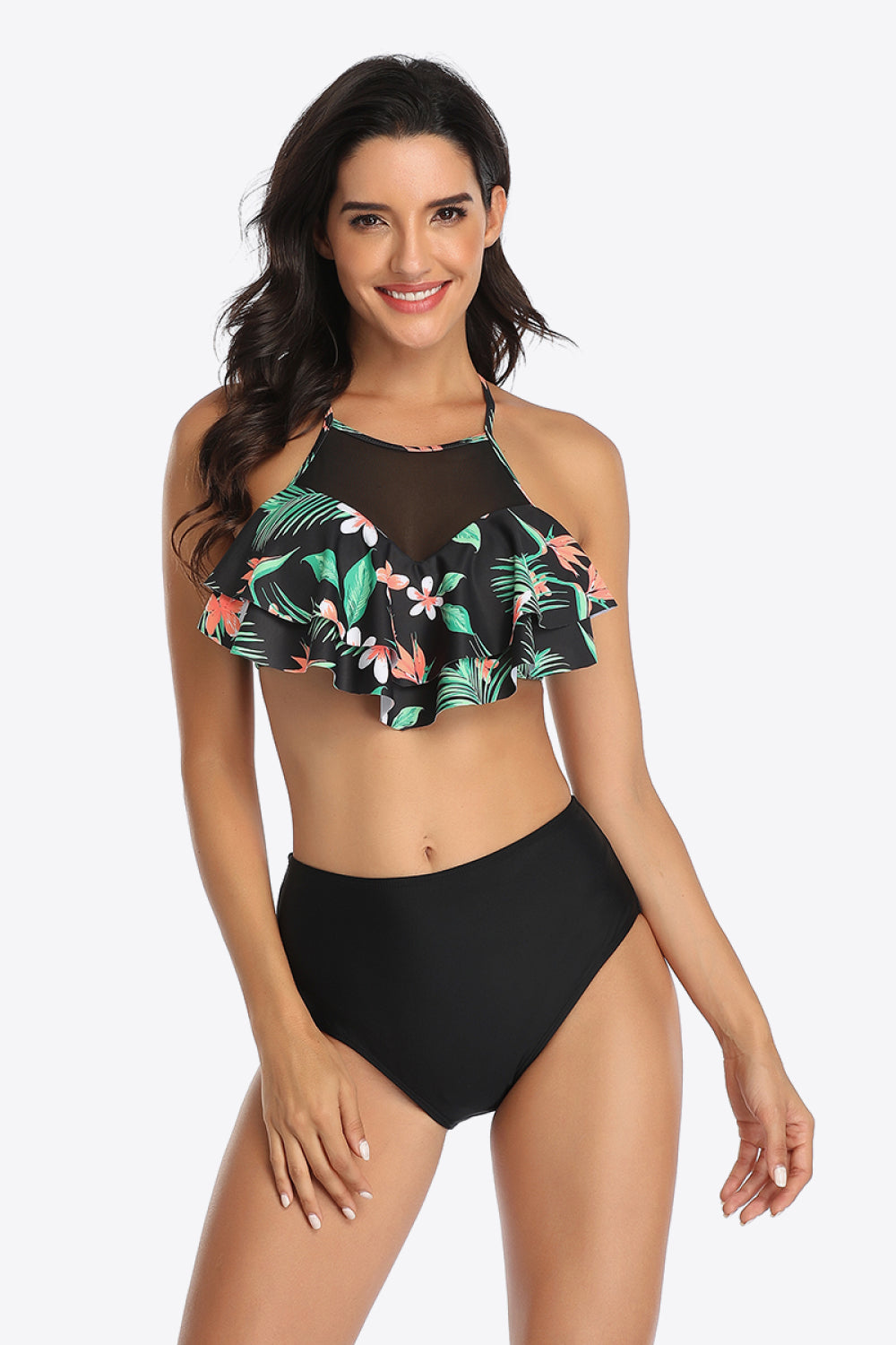 Tropical Print Ruffled Two-Piece Swimsuit (4 Variants)