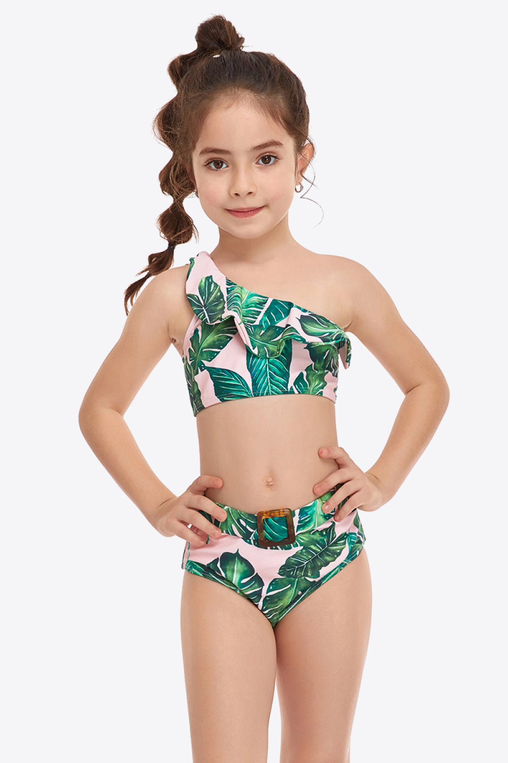 Girls Ruffled One-Shoulder Buckle Detail Two-Piece Swim Set