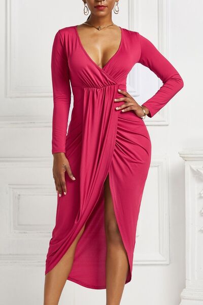 High-low Ruched Surplice Long Sleeve Dress (7 Variants)