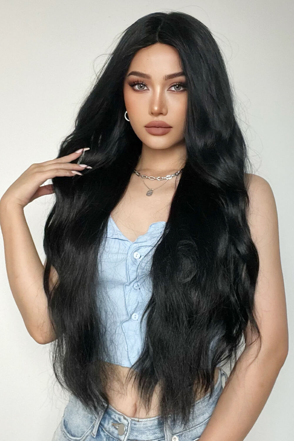 28" Long Black Deep Wave Synthetic Wig