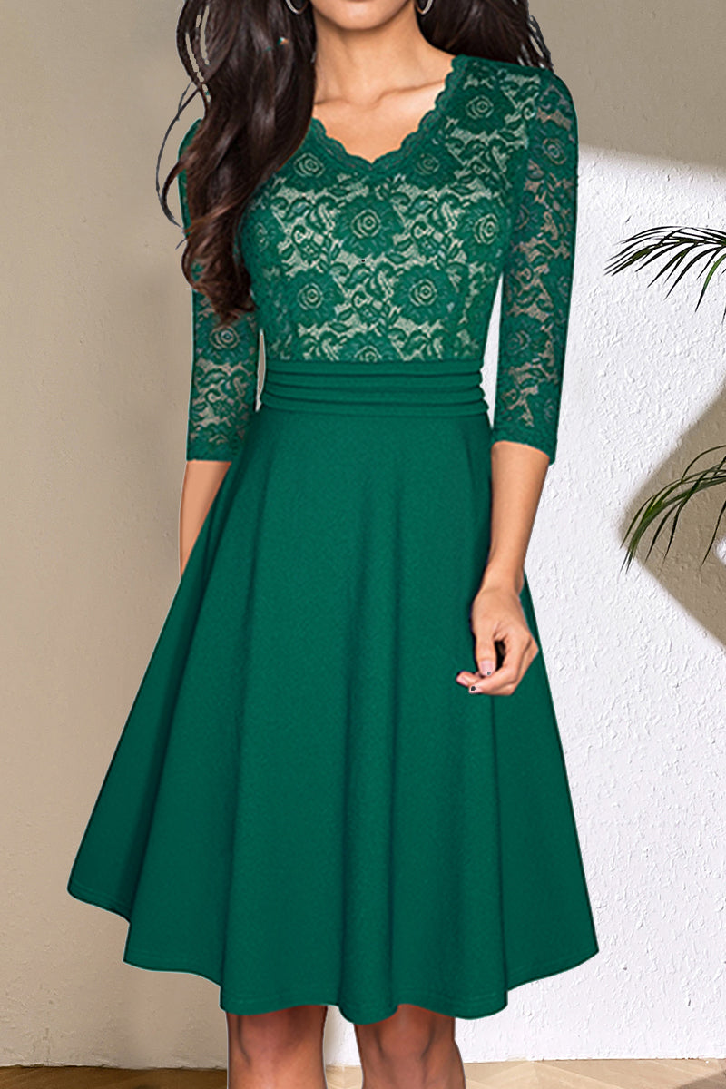 V-Neck Lace Detail Knee-Length Dress (9 Variants)