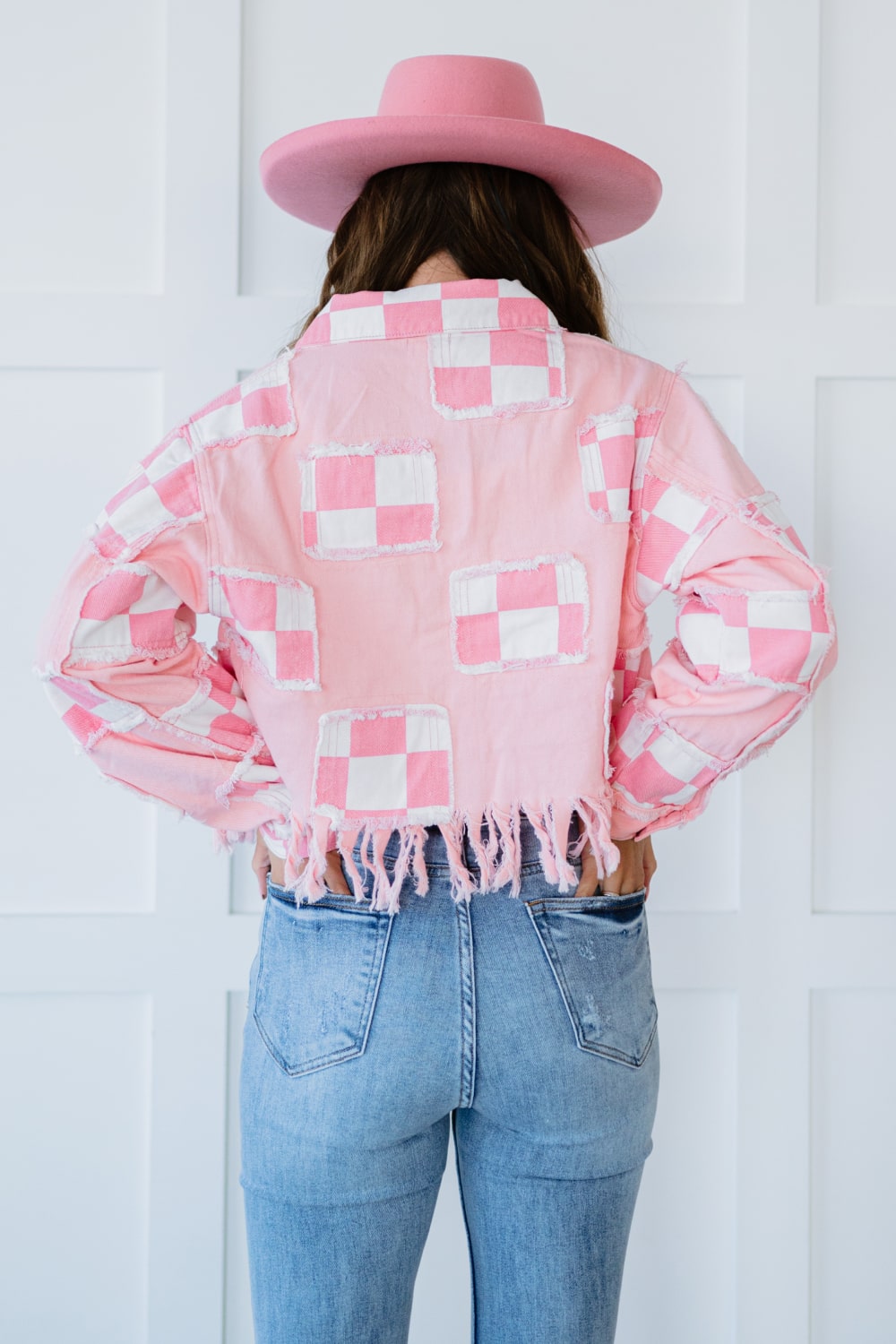 POL Life's a Picnic Checkered Fringe Detail Cropped Jacket