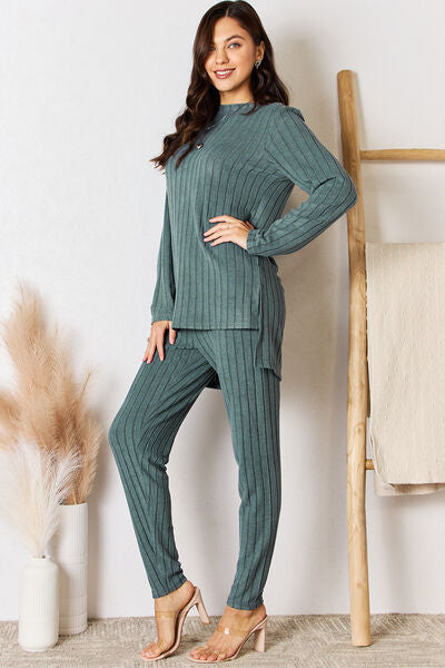 Ribbed High-Low Long Sleeve Top & Pants Set (Regular-Full Sizes)