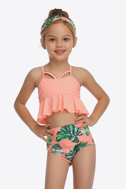 Girls Botanical Print Crisscross Ruffled Two-Piece Swim Set