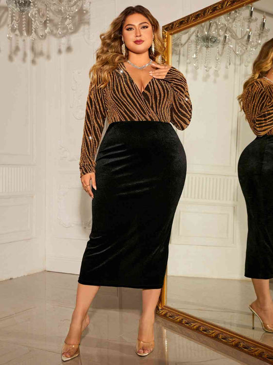 Plus Size Tiger Vibes V-Neck Long Sleeve Slit Dress