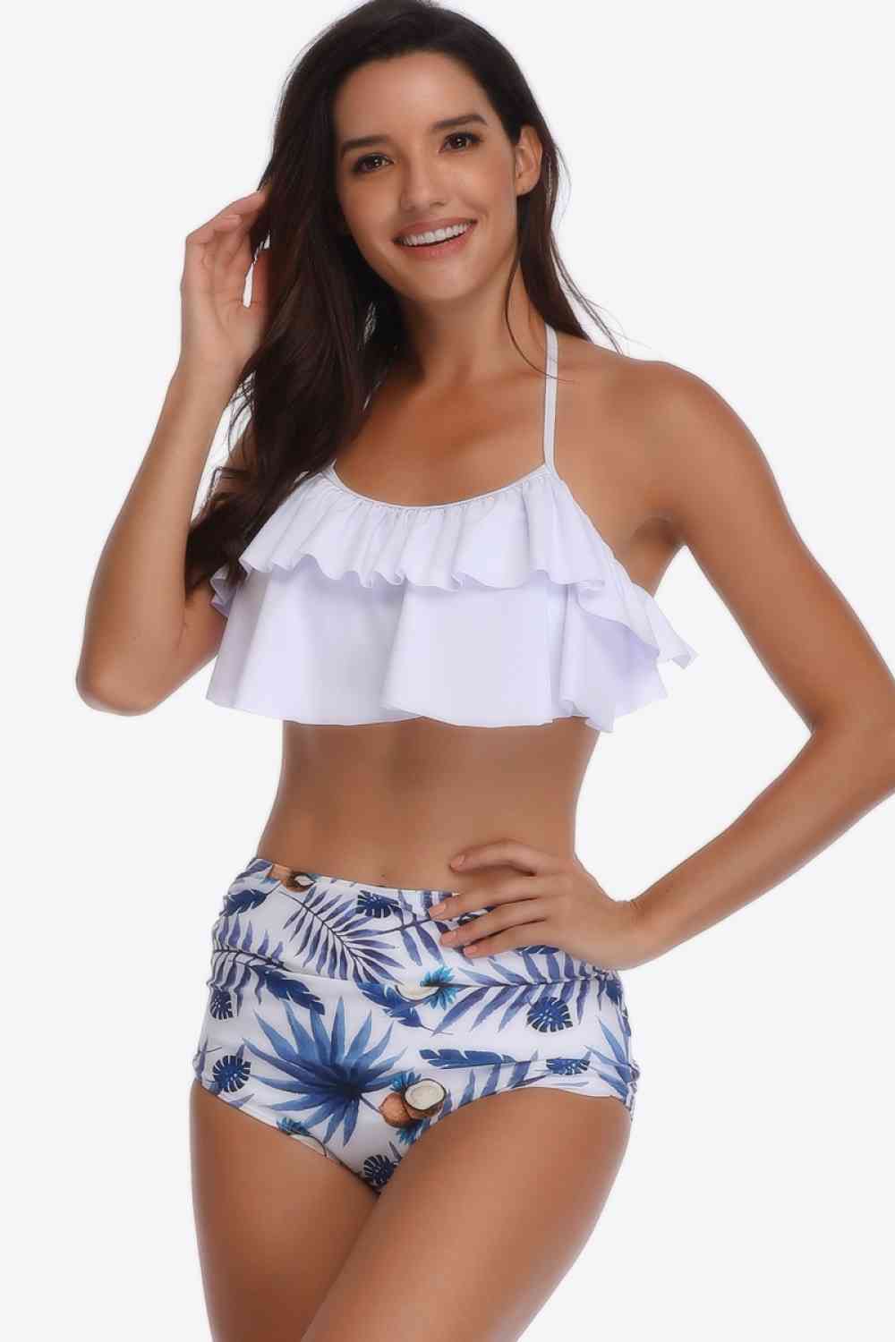 Two-Tone Ruffled Halter Neck Two-Piece Swimsuit (12 Variants)